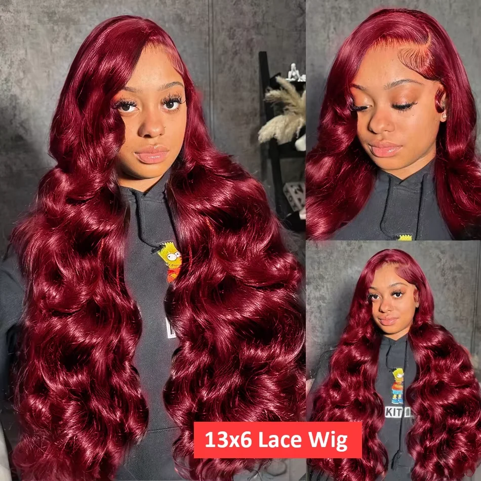 Perruque Lace Front Wig Body Wave Brésilienne Naturelle, Cheveux Humains, Bordeaux 99J, Vin Transparent HD, 13x6, 13x4, Densité 200, 30 32 Pouces