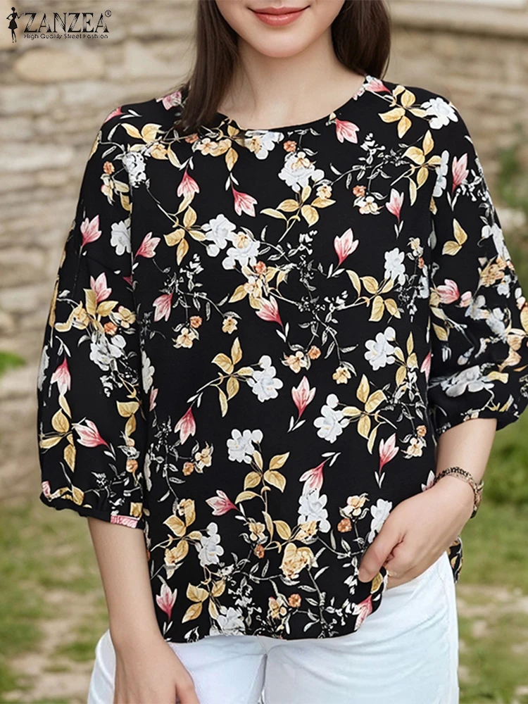 2025 ZANZEA Women Autumn Floral Printed Blouses Bohemain Shirt Elegant 3/4 Lantern Sleeve Work Tops Casual O Neck Loose Blusas