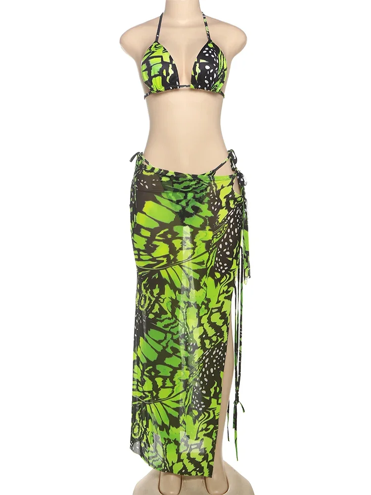 Beach Vacation Women 3Piece Set Mesh Thin Sexy Y2K Print Halter Bra+Thong+Wrapped Maxi Split Skirts Matching Swimsuit