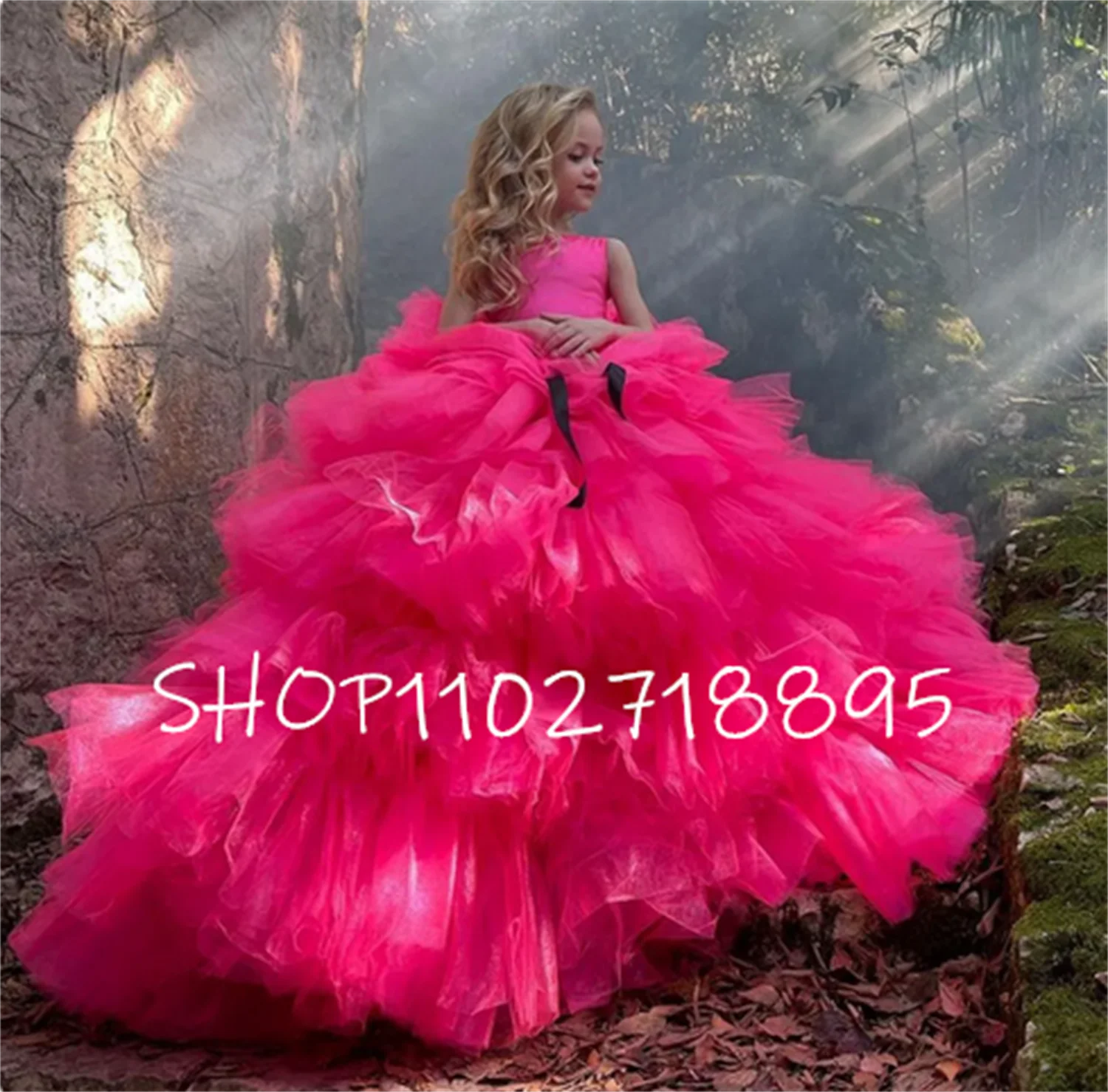 

Hot Pink Luxury Flower Girls Dresses 2023 Princess Puffy Kids Wedding Party Dress A-Line Gorgeous Bow Long Girl Princess Gowns