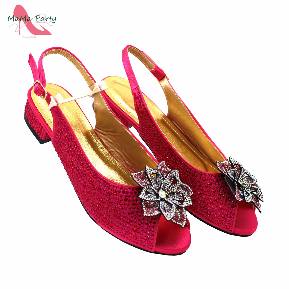 Low Heels Comfortable High Quality Italian Shoes and Bag Set in Fuchsia Color with Crystal for Wedding Party