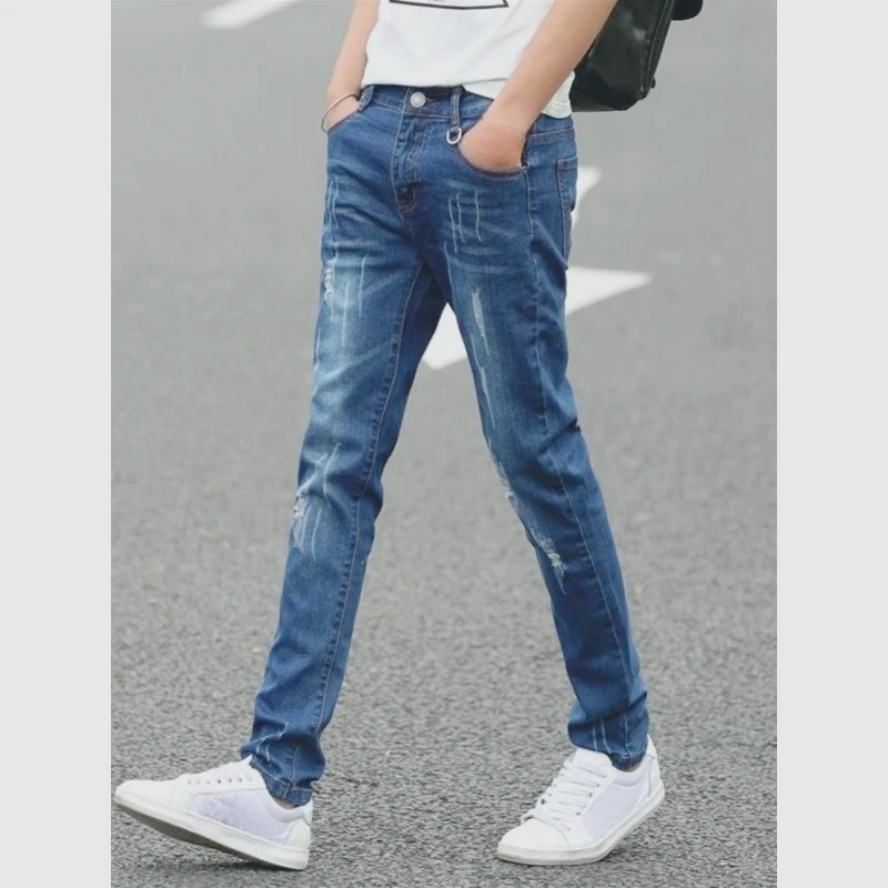 Onzichtbare kruisbroek Lente en herfst elastische jeans Heren Nauwsluitende kleine voeten Blauwe casual broek Heren Dating Mode