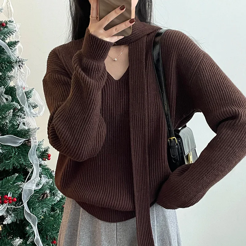 

Autumn Winter New Fashion Knitwear Top Women's Loose Sweet Gentle Style V-Neck Knitted Sweater Pure Color Pullover