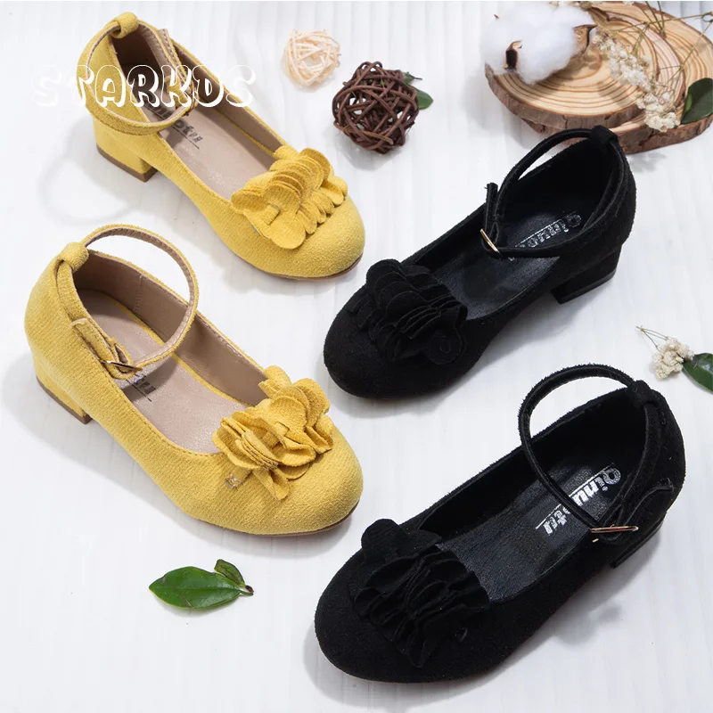 Yellow Flower Dance Shoes For Kid Girls Round Toe Low Heel Soft Microfiber Pump Zapatos With Ankle Buckle Strap