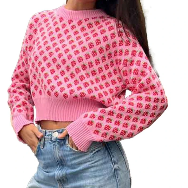 Maglione pullover girocollo 2025 Autunno/inverno Nuovo maglione jacquard fragola Maglione corto a maniche lunghe per donna