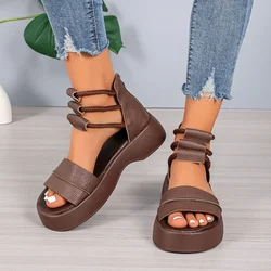 Women's  Brown Sandals Black 2024 New Summer Women Leather Cool Ankle Boots Platform Shoes Med Heels Fashion Outdoor Sandalias