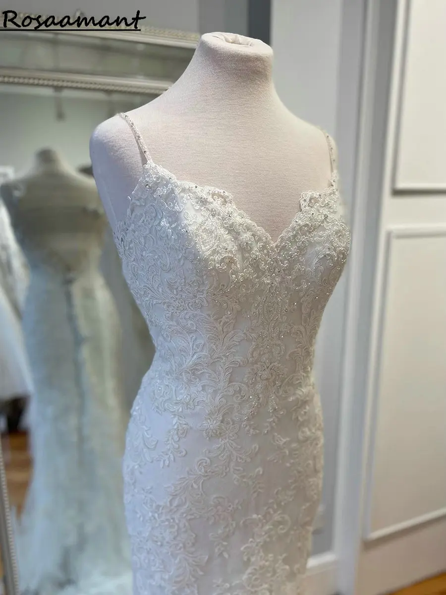 Robe de Mariée Sirène avec Bretelles Spaghetti et Perles, Dos aux, Appliques en Dentelle, pour Patients