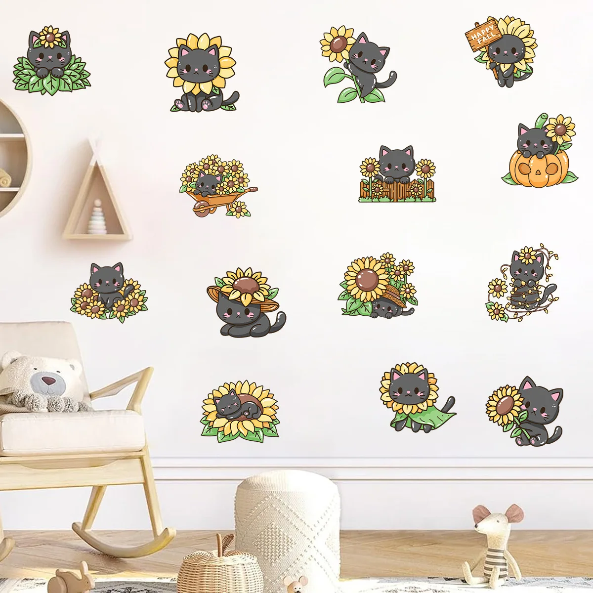 Cartoon Cute Sunflower Black Cat Self-Adhesive Wall Stickers Kawaii Cats Decals for Kids Room Nursery Home Wall Decoration view 2