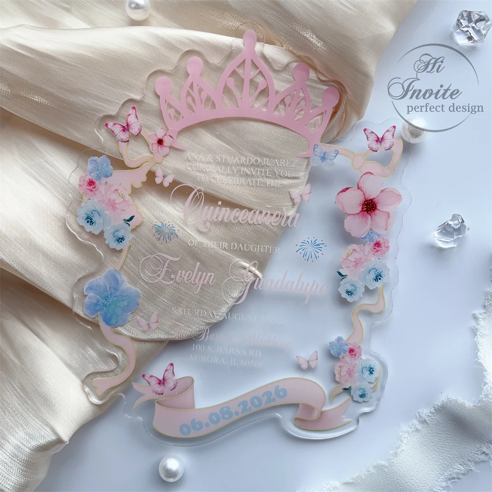 

Румяно-синее акриловое приглашение Quinceañera с цветочным принтом и короной, персонализированное приглашение на 15 дней рождения {бесплатный вид доступен}