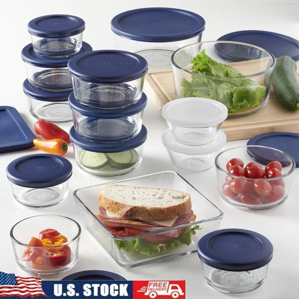

Clear Glass Food Storage Container Set 30 Pieces with Navy Airtight Lids Microwave Dishwasher Safe Ideal Kitchen Organization