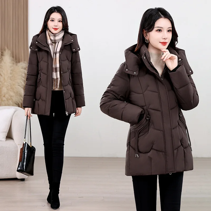 Winter Cotton Padded Jackets Women Loose Solid Hooded Windproof Thick Warm Pockets Mid Length Elderly Mom Outer Garment Trend