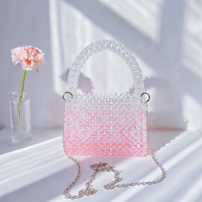 

Gradient Pink Homemade Bead Crossbody Bags for Women Metal Chain Crossbody Party Bag Ladies Summer Clutch Evening Purses