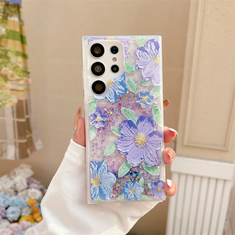 40PCS Luminous Glitter Quicksand Phone Case For Samsung Galaxy Note10/Note20/S23/S22/S21/A53, Luxury Transparent Flower Cover