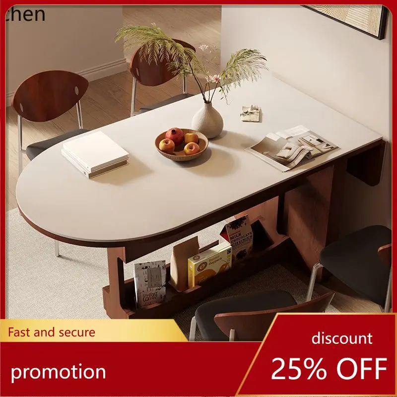 ZML Small Apartment Home Living Room Foldable Extendable Rock Board Dining Table Solid Wood Vintage Semi Oval