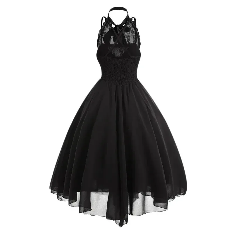 Vestidos de fiesta Vintage Punk gótico negro para mujer, sin mangas, con espalda cruzada, Panel de encaje Retro, vestido con corsé liso de gasa, Ves DUx; 4'