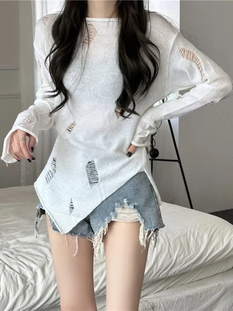 Ropa de calle, suéter de punto con agujeros para mujer, jerséis sexis de manga larga calados, Tops Retro americanos irregulares para mujer, Tops ajustados de otoño
