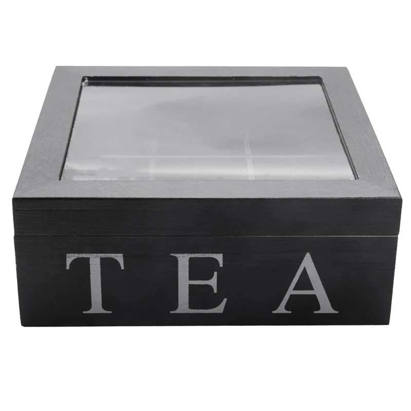 2X Wooden 9 Grids Tea Box Tea Bags Container Storage Box Square Gift Box Case Transparent Top Lid Black CNIM Hot