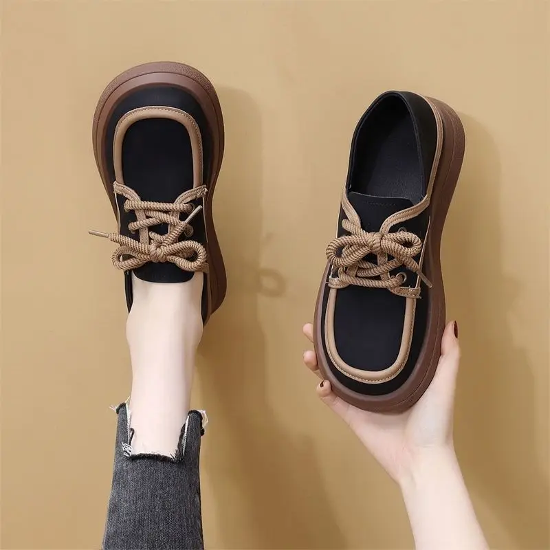 

​2025 Women's Color Blocked Thick Sole British Style Chunky Heel Loafers Fashion Versatile Designer Lace Up Leather Shoes​