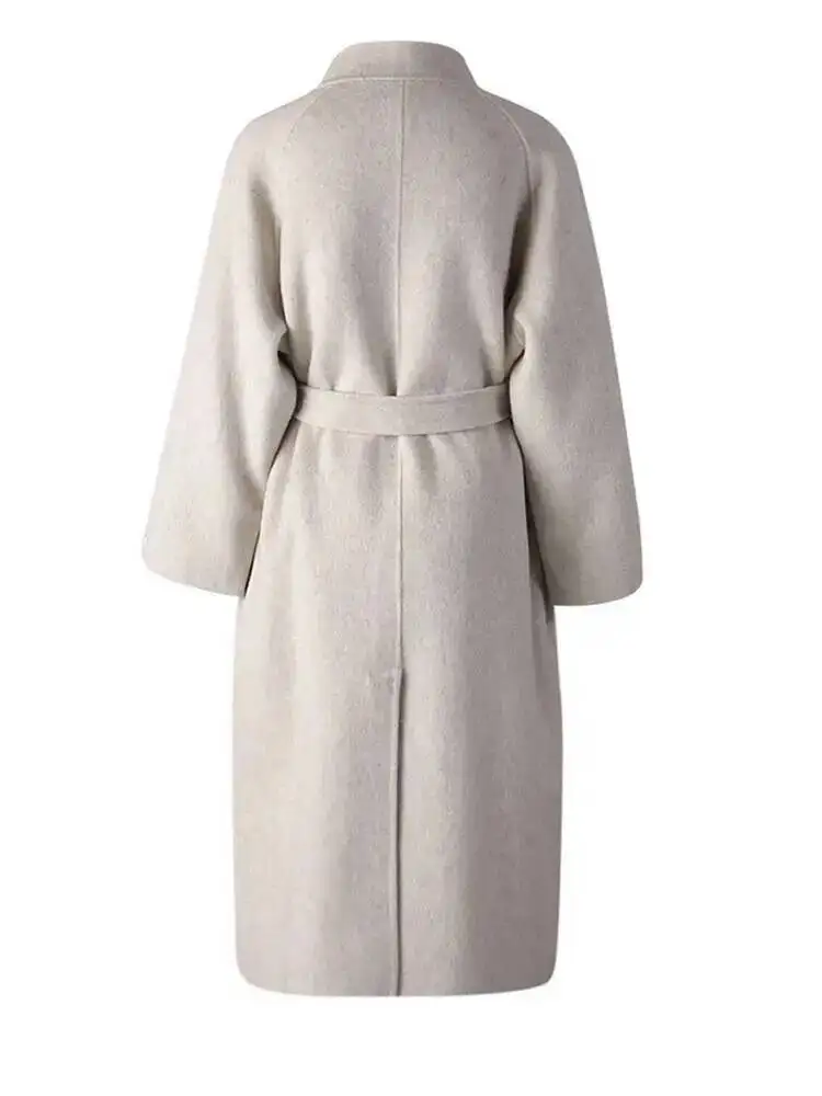 HUISONG Beige Belted Big Size Elegante Wollen Jas Nieuwe Stand Kraag Lange Mouw Vrouwen Jas Mode Tij Herfst Winter 2025