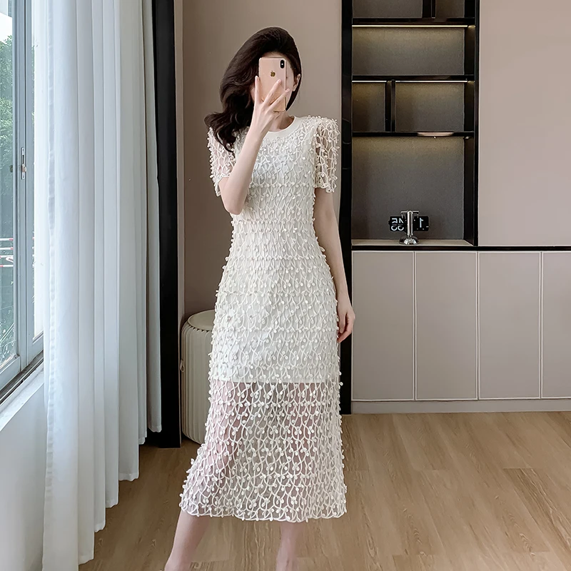 

EIYOVVI 2024 Summer New Round Neck Korean Edition Loose Flesh Covering Slim Long Dress Double Layered Reticular Fashion Dress