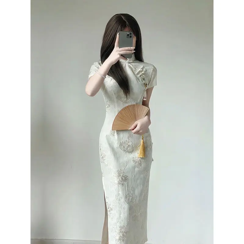 150cm Petite Girls Improved Version Cheongsam High Waist Split Long Chinese Style Dress  female Summer XS Appear High