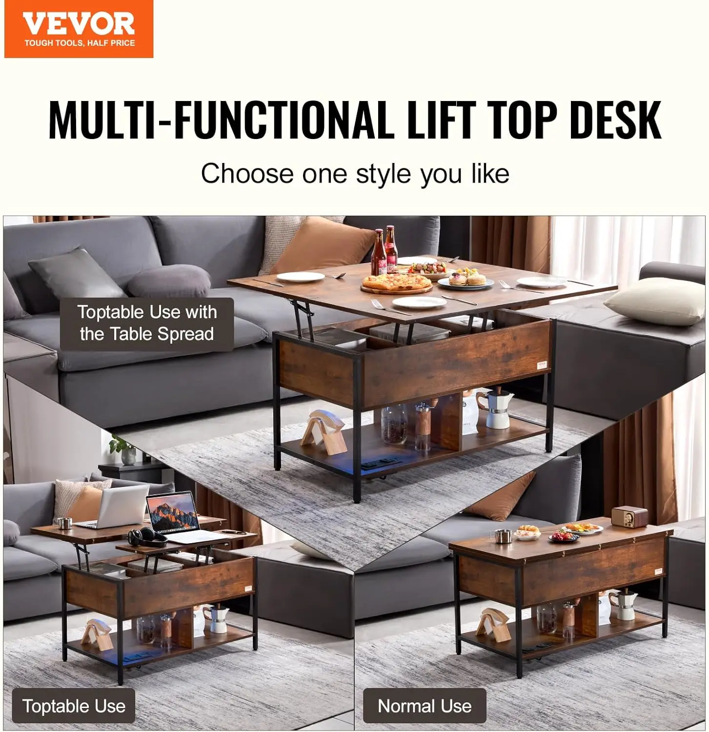 4-in-1 Lift Top Coffee Table with USB/Power Outlet/LED Light - Multi-Function Convertible Dining Table with Storage