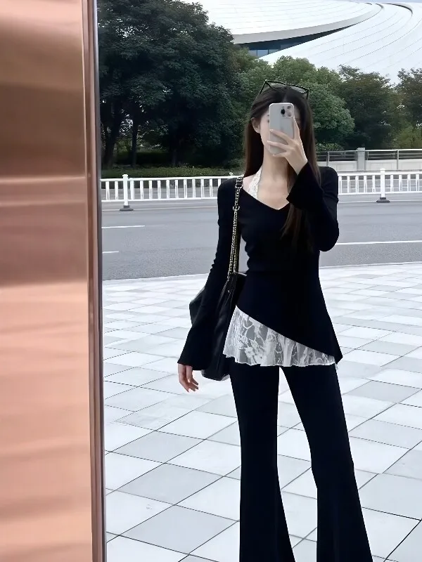 

Корейский стиль: Нежный кружевной топ с V-образным вырезом и асимметричный вязаный свитер на бретельках, черный, весенний модный комплект из двух предметов