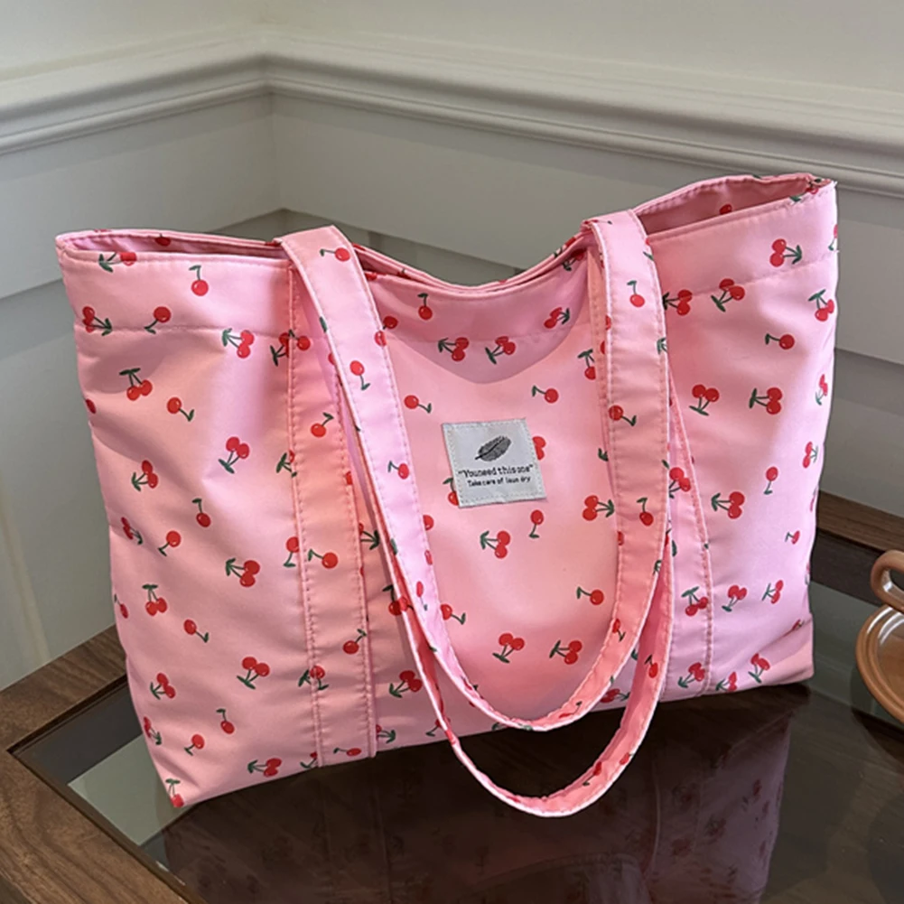 Cute Cherry Strawberry Print Casual Tote Bag Large Capacity Satchel Purse Nylon Top Handle Bag Women Grocery Fashion Shopp Bag