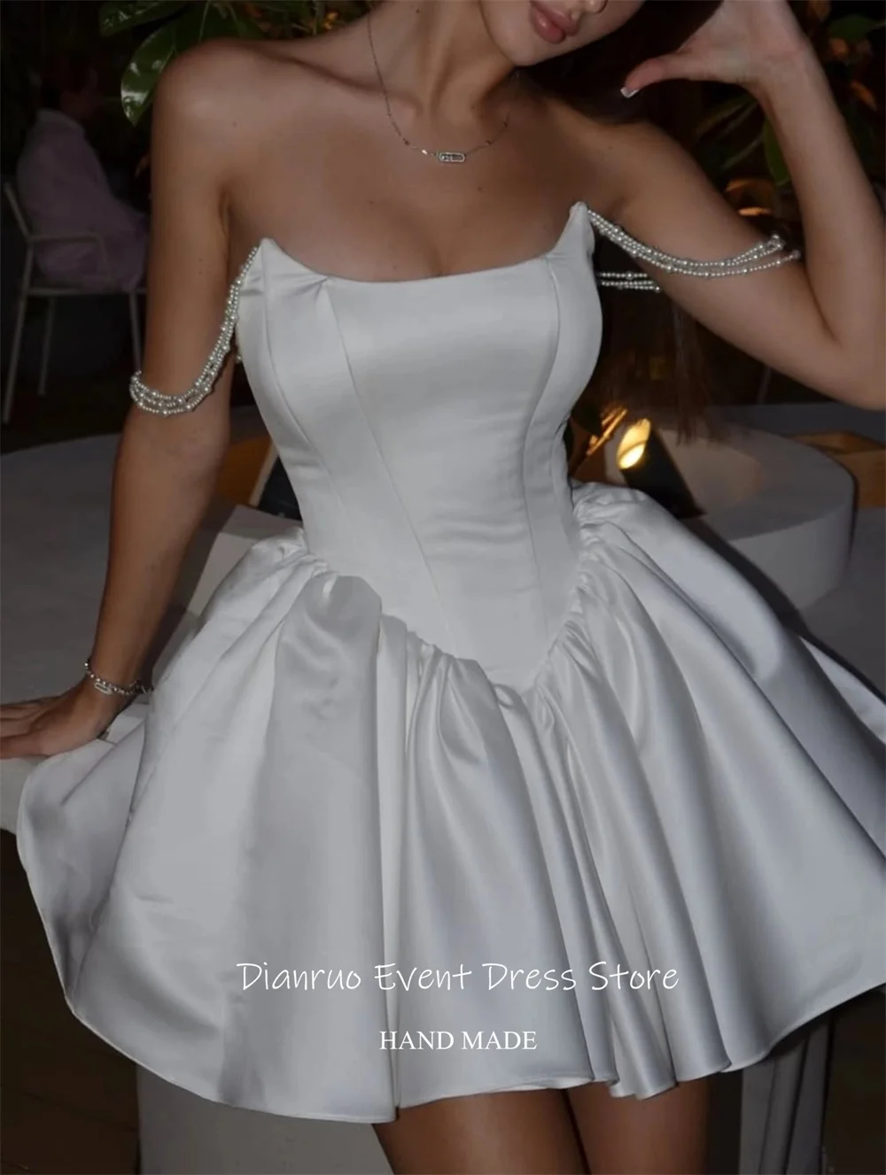 Dianruo Puffy Pearl Straps Satin Prom Dresses Luxury A Line Cocktail Dress Pleated Hem Strapless Homecoming Dresses Customized image 2