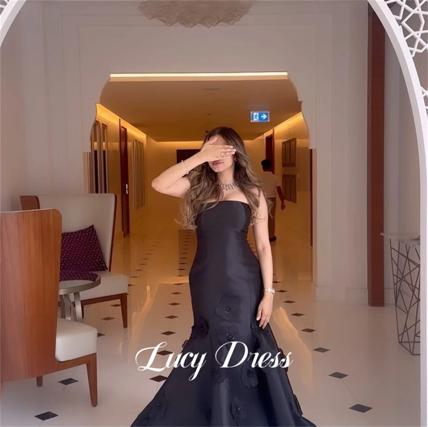 Lucy Flower Decoration Black Evening Dress Luxurious Satin Customized Dresses 2024 Women Ball Gowns Robe De Soiree Femmes