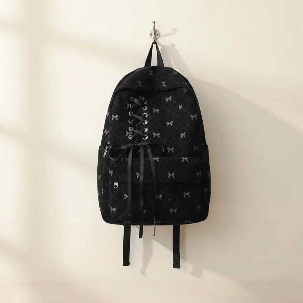 

Daypack Corduroy Bow Backpack Casual Silk Design Students School Bag Contrast Color Durable Large Capacity Backpack School