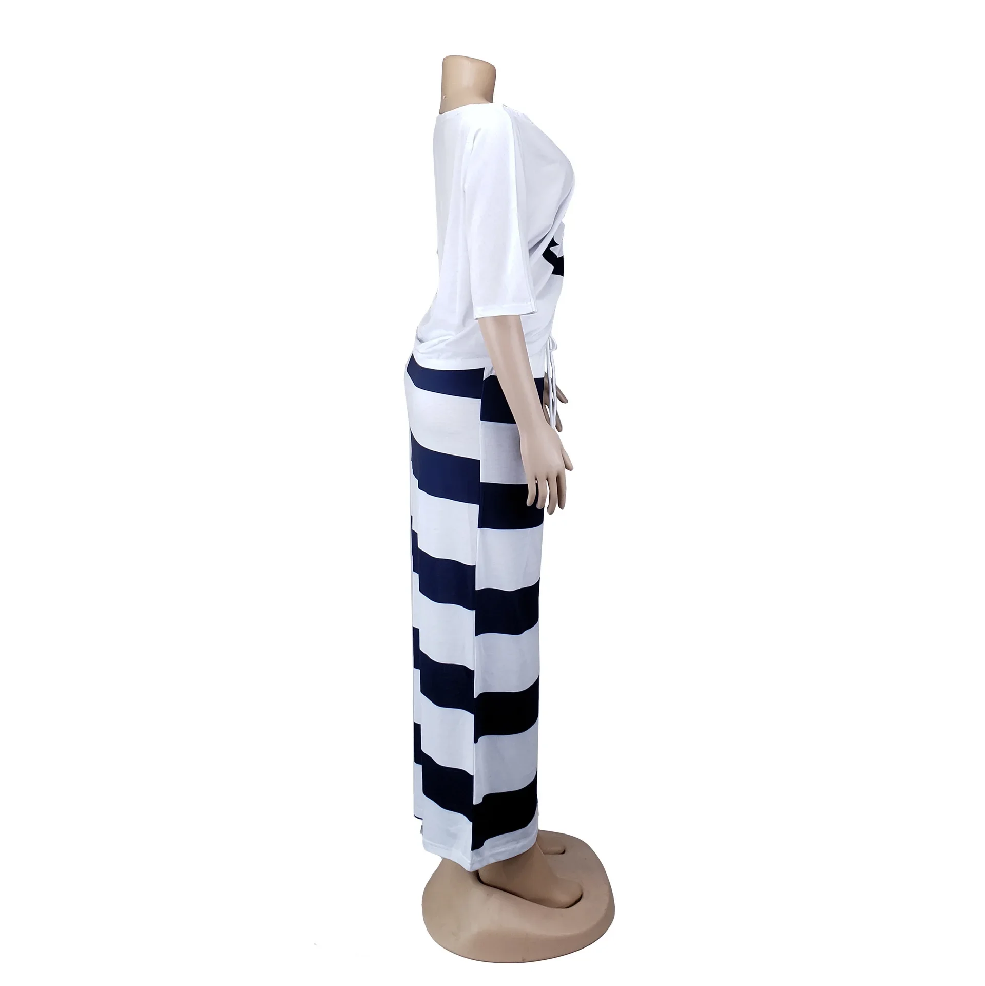 Boat Anchor Print Top T-Shirt & Striped Maxi Skirt Women Two Piece Outfits Fashion Off Shoulder Two Pieces Sets Tops and Skirts