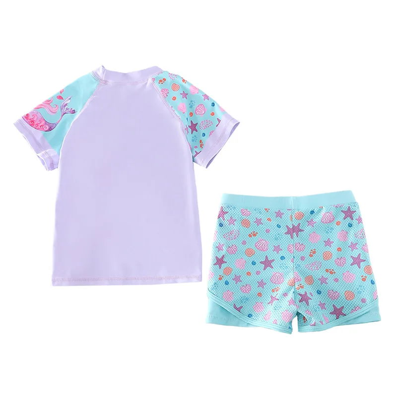 HappyFlute 16-28kg Small Girls Short Sleeve With Pant Mermaid Print  Sunscreen &Quick-drying Swimsuit