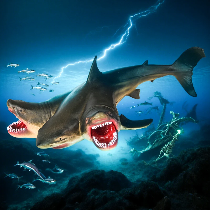 Oenux Savage Marine Sea Overlord 3 Headed Shark Megalodon Action Figure Ocean Animals Big Shark Fish Model PVC Cool Toy Kid Gift