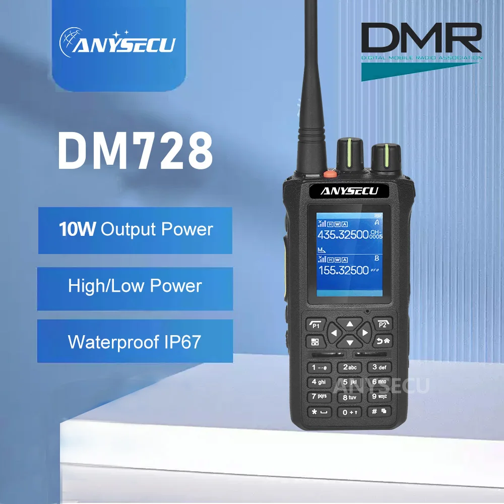 DM728 IP67 10W DMR Dual AES26 Rádio de criptografia 1024CH 2600mAh walkie talkie bidirecional 2.0 polegadas SOS UV rádio de banda dupla