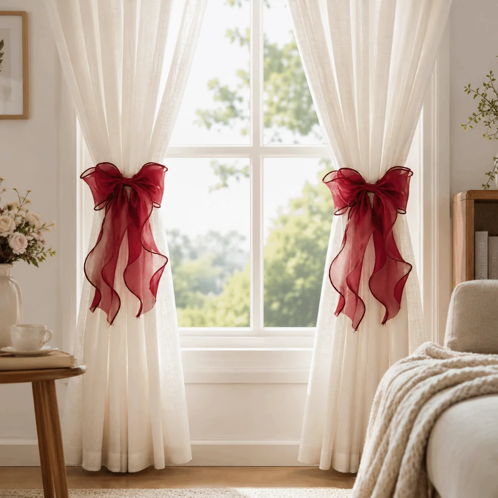 2PCS Modern Mesh Shiny Bow Curtain Tie Non Drilled Home Decor Curtain Holders Decorative Rope French Style Curtain Clips Party