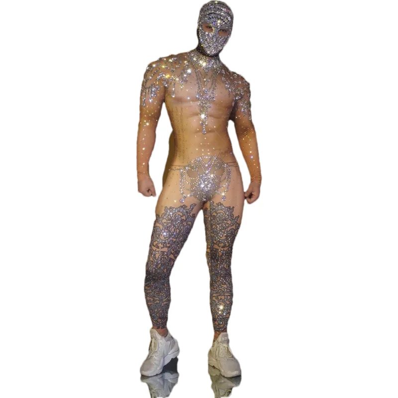 Nowy przebranie nago Gogo taniec na rurze Rave Flesh Color trykot mężczyźni seksowny kombinezon ze strasami maska ​​scena świętuj kostium