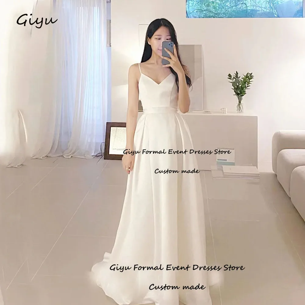 

Giyu Korea V Neck Wedding Dress Photography Sleeveless Satin A Line Bridal Gown Floor Length 웨딩드레스 Evening Gown Dress