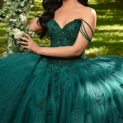 Customized Emerald Green Ball Gown Prom Dress 15 Year Old Girls Quinceanera Dresses Lace Up Appliques Party Vestidos 14 16 Anos