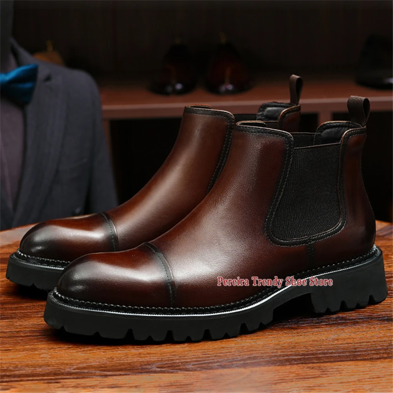 

Vintage Handmade Genuine Leather Short Boots for Men British Style Round Toe Thick Soled Chelsea Boots Business Dress Shoes
