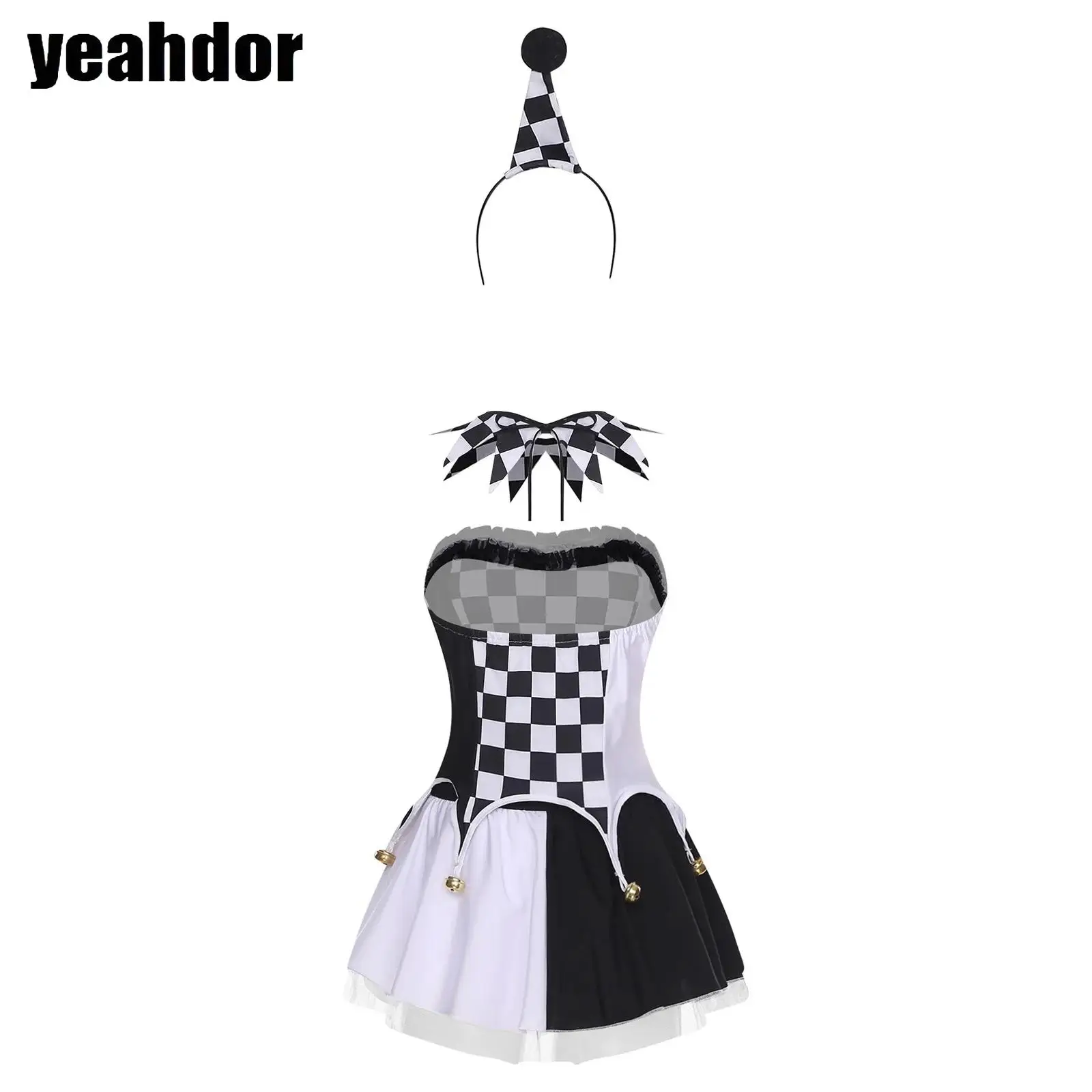 

Women Halloween Clown Dress-up Ballet Tutu Dress Checkerboard Miniskirt Plaid Necklace +Headwear Evil Jesters Cosplay Costume