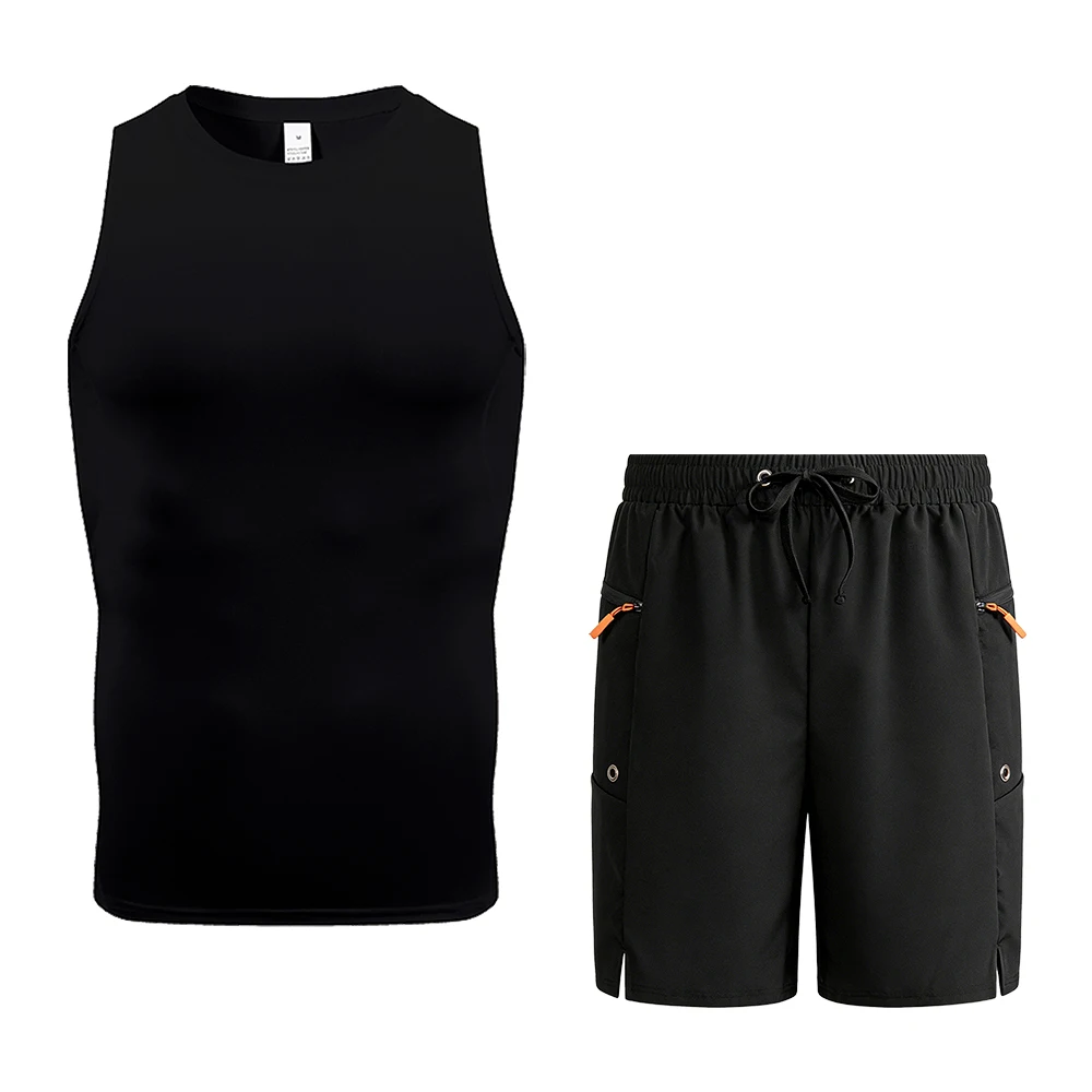 طقم تانك وسروال قصير بدون أكمام للرجال للجري في الهواء الطلق وكاجوال بلون سادة وجيوب بسحاب وخصر مطاطي ورباط