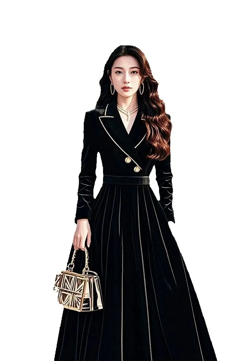 4XL Hepburn Style High-End Black Velvet Dress For Women 2025 Autumn New Formal Occasions Waist Cinching Suit Style Long Dress AU