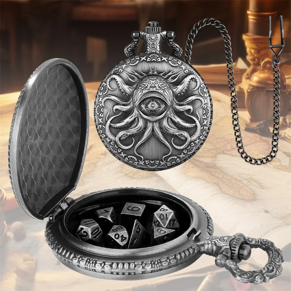 Vintage Octopus Eye Decorative Pocket Watch Shaped Storage Box with Mini 7pcs/Set Dices