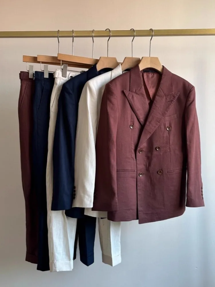Spring Summer Thin Men Double Breasted Linen Blazers Suits Breathable Fashion Two-Piece Set Casual Full Length Pants Outfits