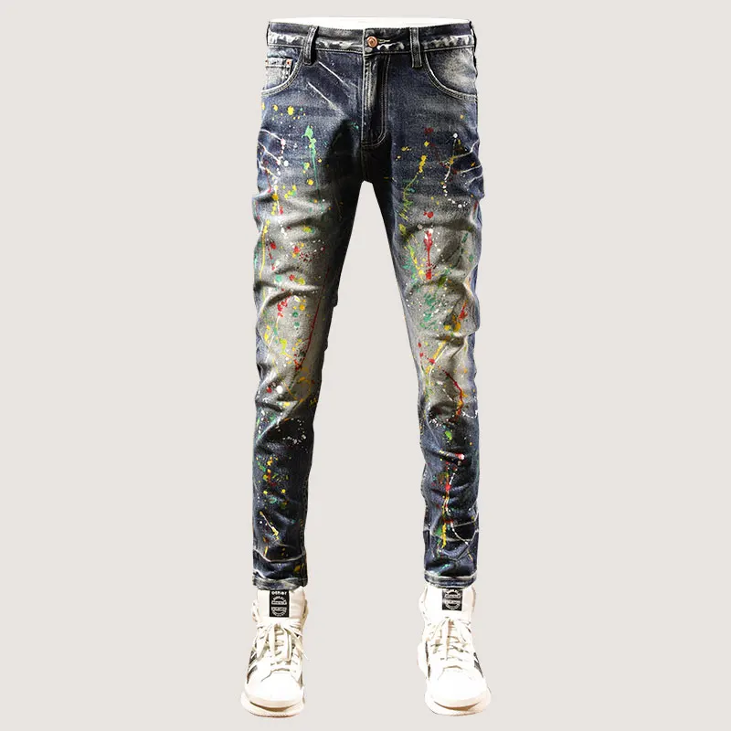 

Fashion Streetwear Men Jeans Retro Blue Elastic Slim Fit Vintage Ripped Jeans Men Painted Designer Hip Hop Denim Pants Hombre