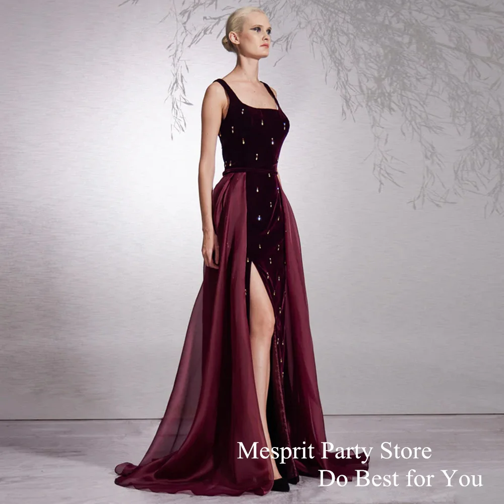 Burgundy Prom Dress Square Neck Customized Velour Formal Party Gown with Organza Skirt Slit Sheath Evening Dresses فساتين سهرات