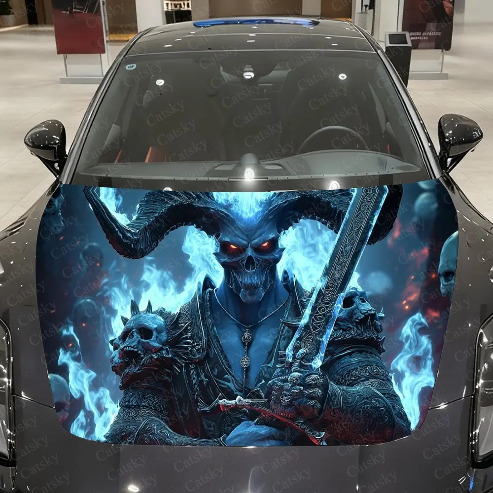 

Azure Skull Car Vinyl Wrap, PVC Material Waterproof Car Hood Sticker, Self-Adhesive Scratch-Resistant Stickers for Engine Cover