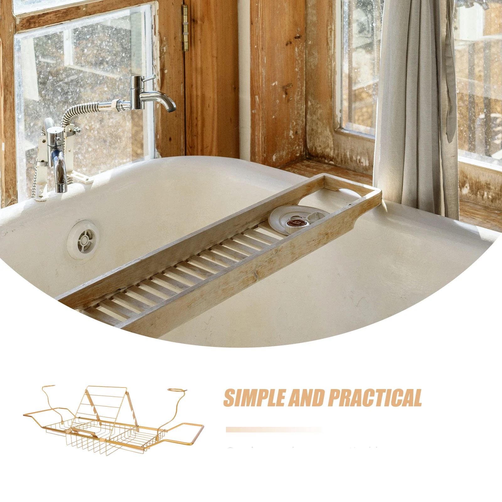 

Golden Finish Bathtub Shelf Stand Stainless Steel Storage Rack Expandable Design for Phones Tablets Glasses Home