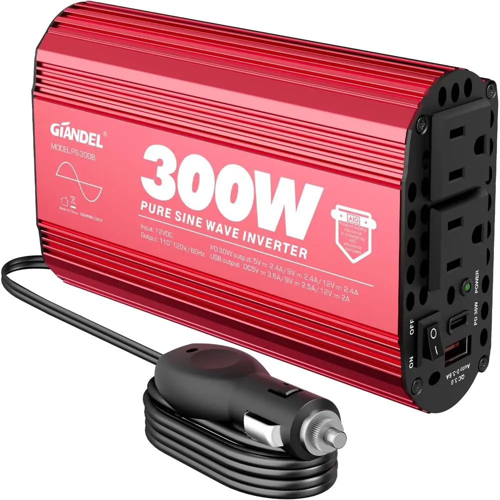 

300Watt Sine Wave Power Inverter or Car with PD30W Type C and QC 3.0 USB Car Converter Adapter with Dual USB Ports for Laptops T